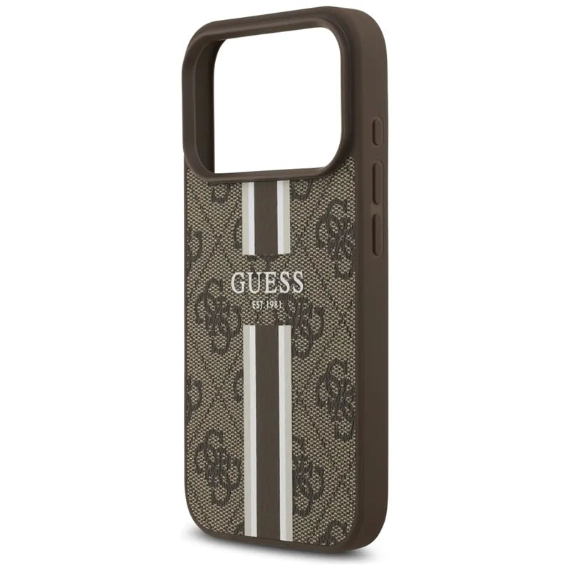Guess 4G Printed Stripes MagSafe – Dėklas iPhone 17 Pro (rudas)