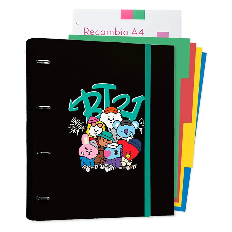 BT21 - „Street Mood“ kolekcijos A4 segtuvas su lapais (4 žiedai, elastinė juosta)