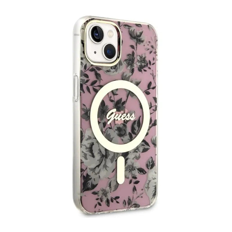 Guess Flower MagSafe – dėklas iPhone 14 (rožinis)