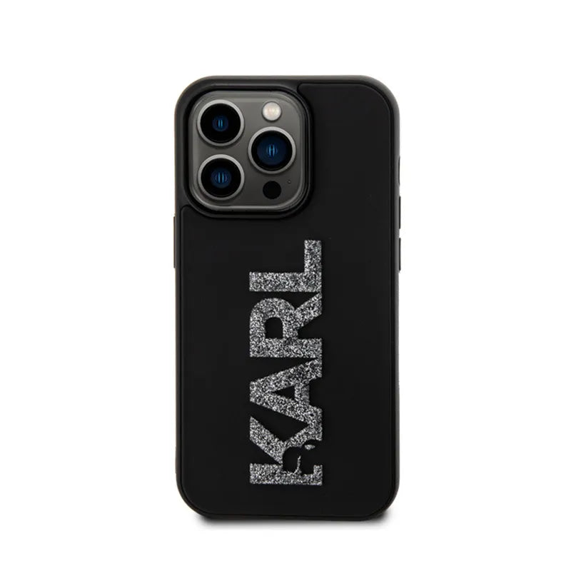 Karl Lagerfeld 3D Rubber Glitter Logo – dėklas iPhone 15 Pro Max (juodas)