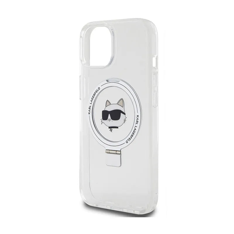Karl Lagerfeld Ring Stand Choupette Head MagSafe – dėklas iPhone 15 telefonui (baltas)