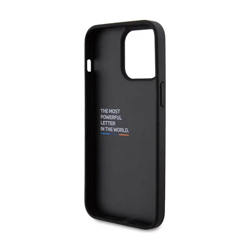 BMW Leather Carbon Blue Line – dėklas iPhone 15 Pro Max (juodas)