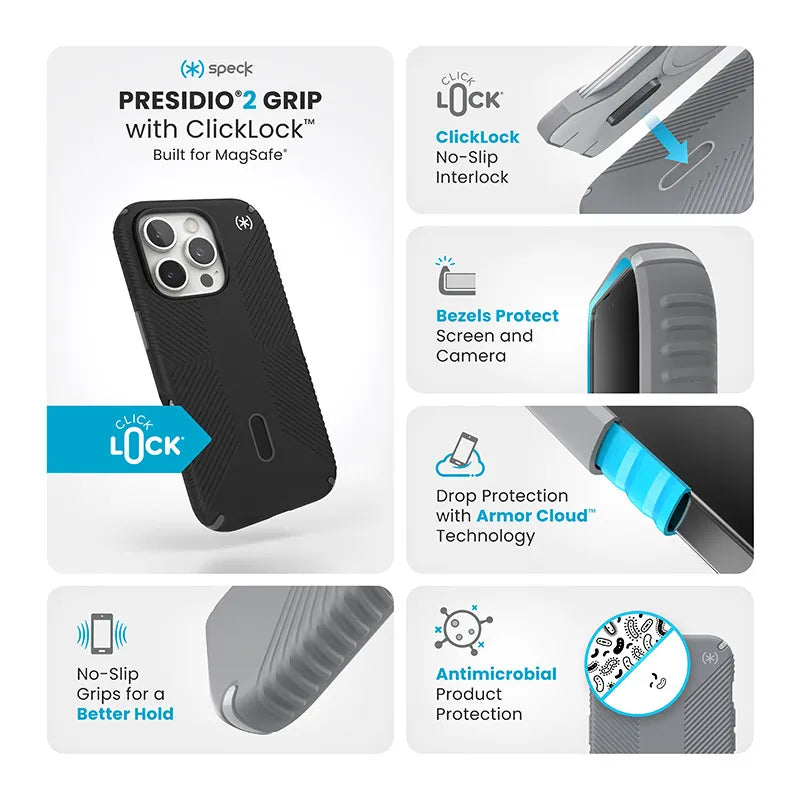 Speck Presidio2 Grip ClickLock & MagSafe – iPhone 16 Pro dėklas (juodas / skalūno pilka / baltas)