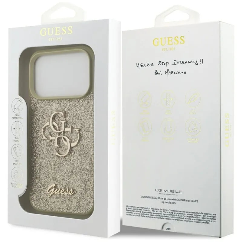 Guess Fixed Glitter Big 4G - Dėklas iPhone 17 Pro (auksinis)