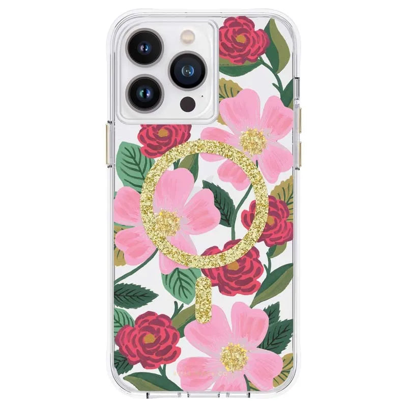 Rifle Paper Clear MagSafe – auksu puoštas dėklas, skirtas „iPhone 14 Pro Max“ (Rose Garden)