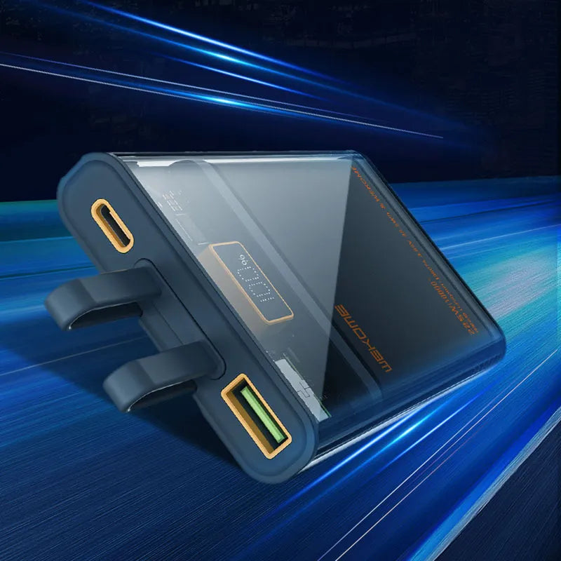 WEKOME WP-323 Vanguard Series - 10000 mAh išorinė baterija su integruotu USB-C ir Lightning laidu, PD 20W + QC 22.5W (juoda / permatoma)