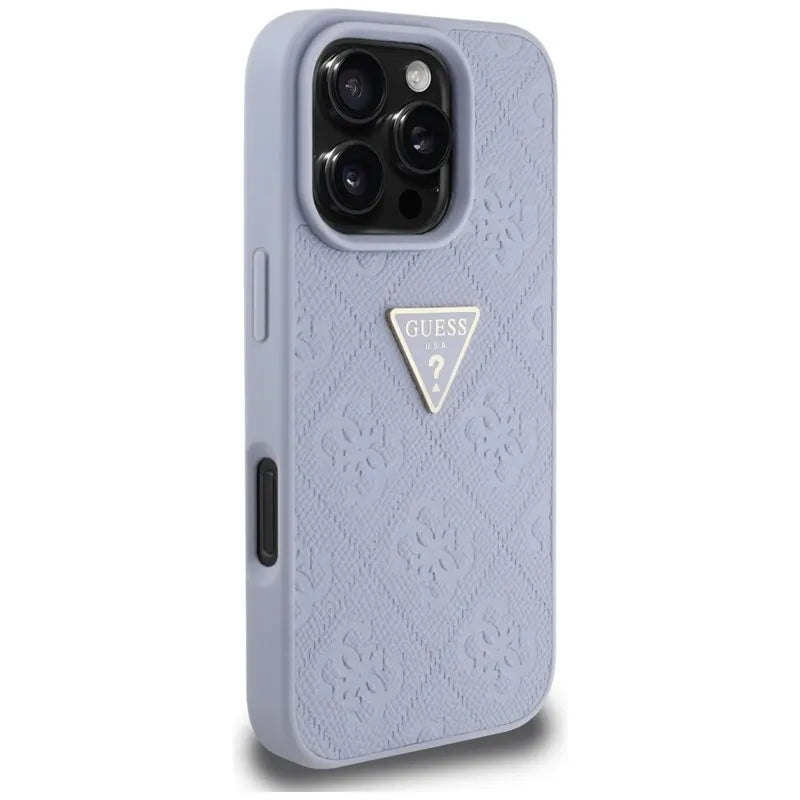 Guess Hot Stamp 4G Pattern Triangle Metal Logo – dėklas iPhone 16 Pro (violetinis)