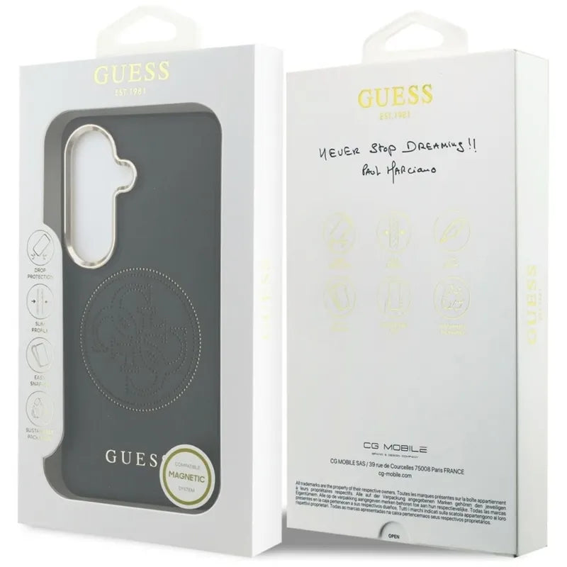 Guess Perforated Logo MagSafe – Samsung Galaxy S26 dėklas (juodas)