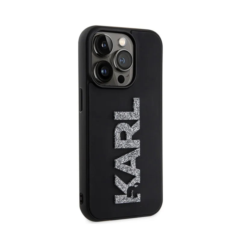 Karl Lagerfeld 3D Rubber Glitter Logo – dėklas iPhone 15 Pro Max (juodas)