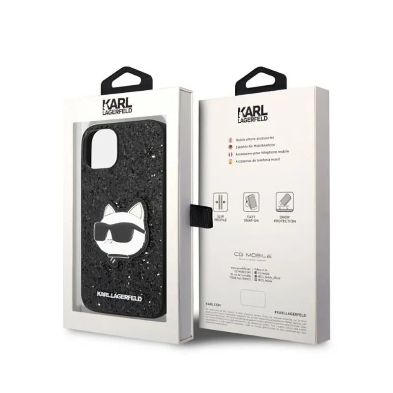 Karl Lagerfeld NFT Glitter Choupette Patch – dėklas iPhone 14 Plus (juodas)