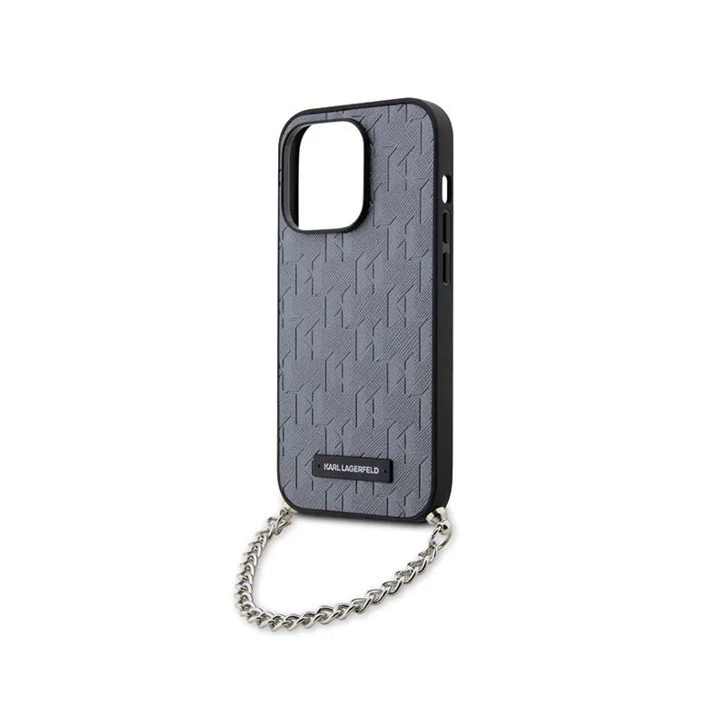 Karl Lagerfeld Saffiano Monogram Chain – dėklas, skirtas iPhone 14 Pro (sidabrinis)