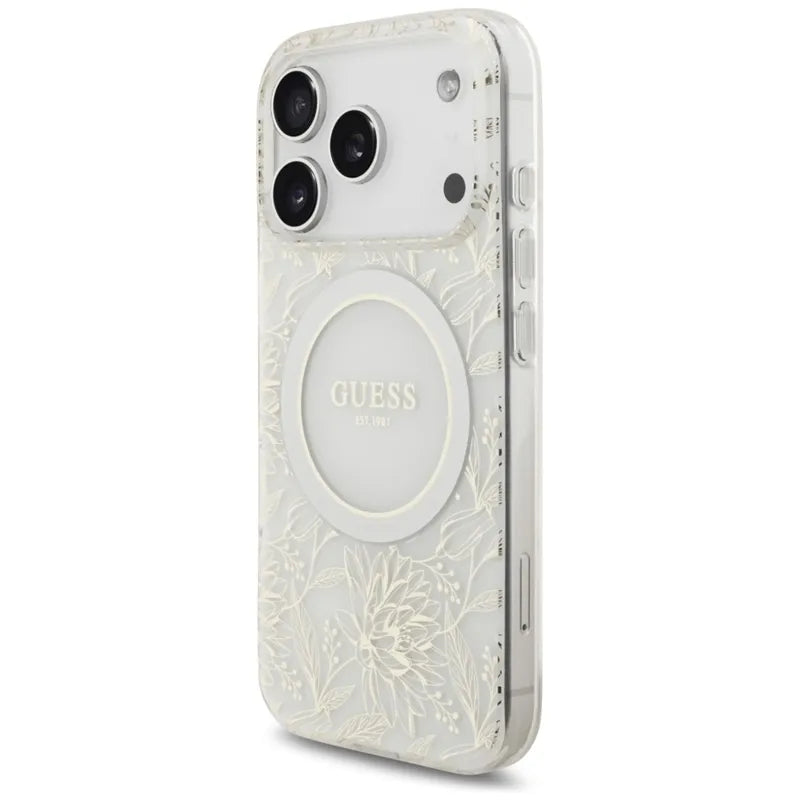 „Guess IML Flowers Electro Pearl Strap MagSafe“ – dėklas „iPhone 17 Pro“ (baltas)