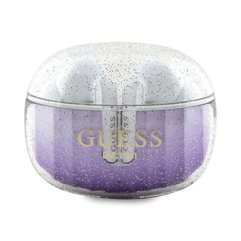 Guess Glitter Gradient – TWS „Bluetooth“ ausinės + įkrovimo dėklas (violetinės)