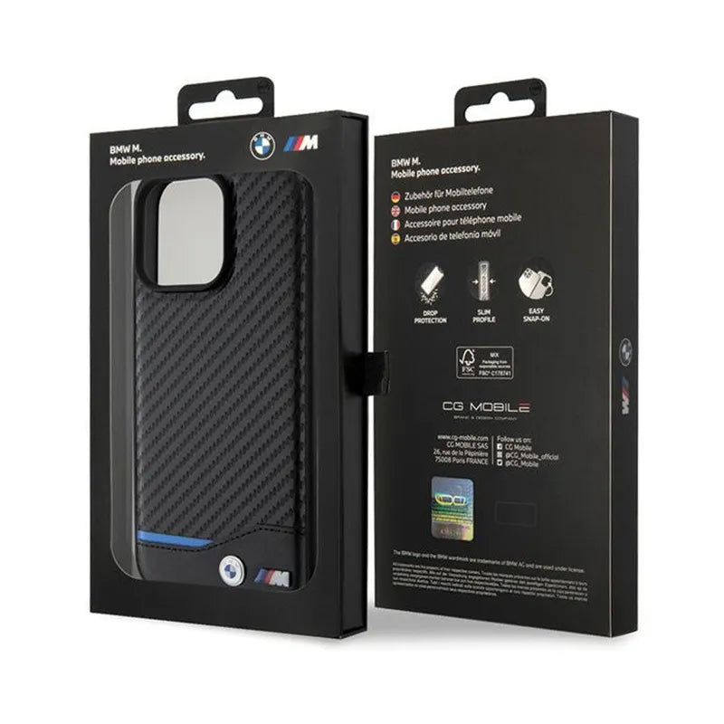 BMW Leather Carbon Blue Line – dėklas iPhone 15 Pro Max (juodas)
