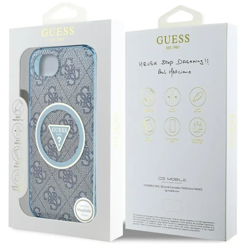 Guess IML Metal Glitter 4G Circle Triangle MagSafe – dėklas iPhone 16e (mėlynas)