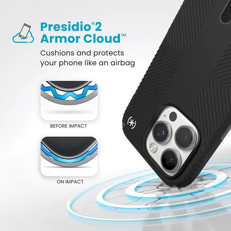 Speck Presidio2 Grip ClickLock & MagSafe – iPhone 16 Pro dėklas (juodas / skalūno pilka / baltas)