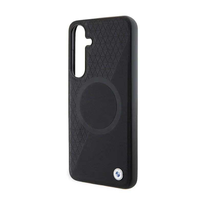 BMW Leather Half Textured & Circle MagSafe dėklas Samsung Galaxy S24+ telefonui (juodas)