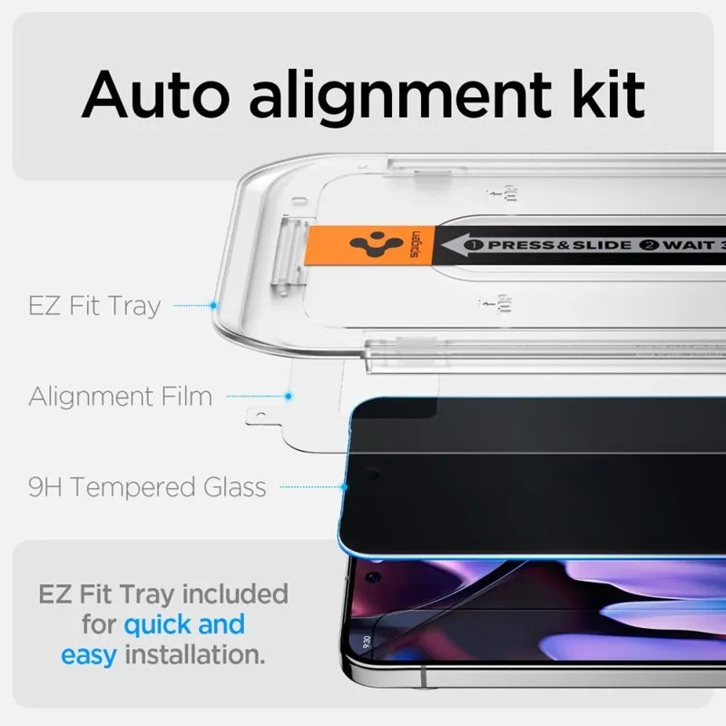 Spigen GLAS.TR EZ FIT Privacy 2 pakuotė – grūdintas stiklas su privatumo filtru, skirtas Google Pixel 9 / 9 Pro / 10 / 10 Pro (2 vnt.)