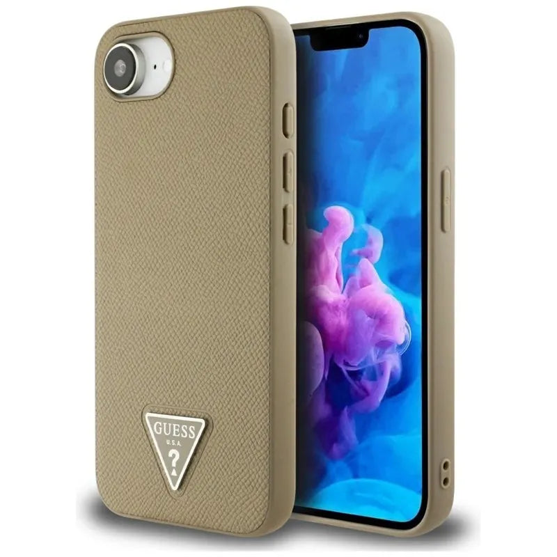 Guess Grained Triangle MagSafe – dėklas iPhone 16e telefonui (rudas)