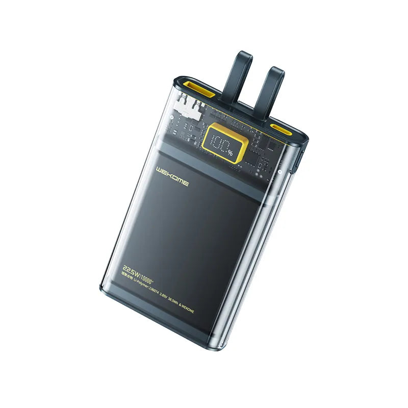 WEKOME WP-323 Vanguard Series - 10000 mAh išorinė baterija su integruotu USB-C ir Lightning laidu, PD 20W + QC 22.5W (juoda / permatoma)