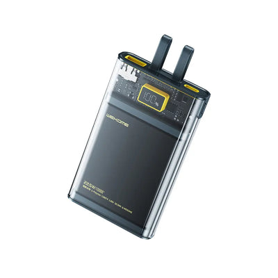 WEKOME WP-323 Vanguard Series - 10000 mAh išorinė baterija su integruotu USB-C ir Lightning laidu, PD 20W + QC 22.5W (juoda / permatoma)