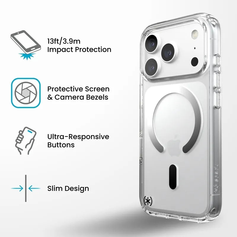 Speck Presidio Perfect Clear MagSafe – dėklas, skirtas iPhone 18 Pro / 17 Pro (skaidrus)