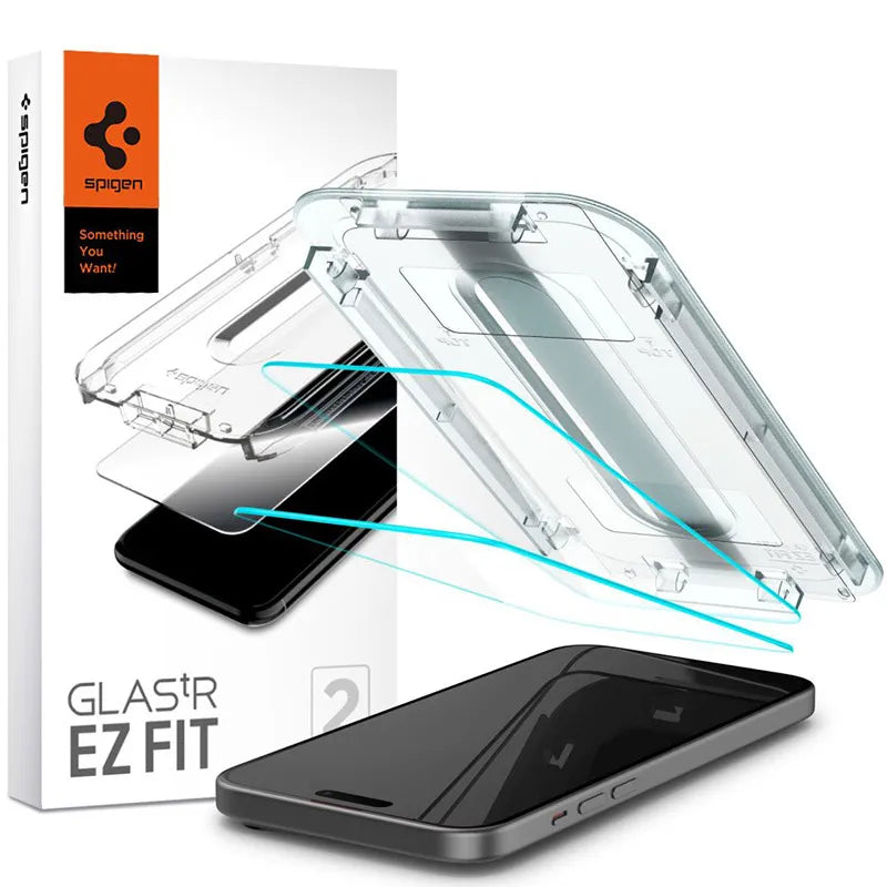 Spigen GLAS.TR EZ FIT 2-Pack – Grūdintas stiklas, skirtas iPhone 15 / 16, 2 vnt.