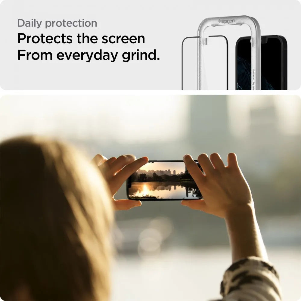 Spigen Alm Glass FC 2-Pack – grūdintas stiklas, skirtas iPhone 17e / 16e / 14 / 13 / 13 Pro, 2 vnt. (juodas rėmelis)