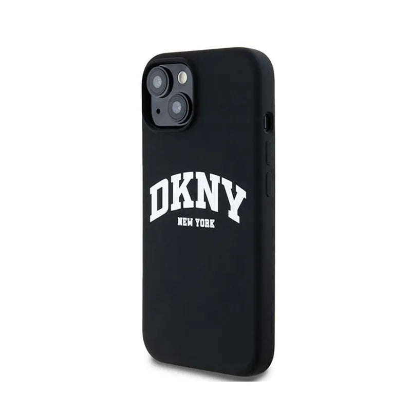 DKNY Liquid Silicone White Printed Logo MagSafe – dėklas iPhone 15 / 14 / 13 (juodas)
