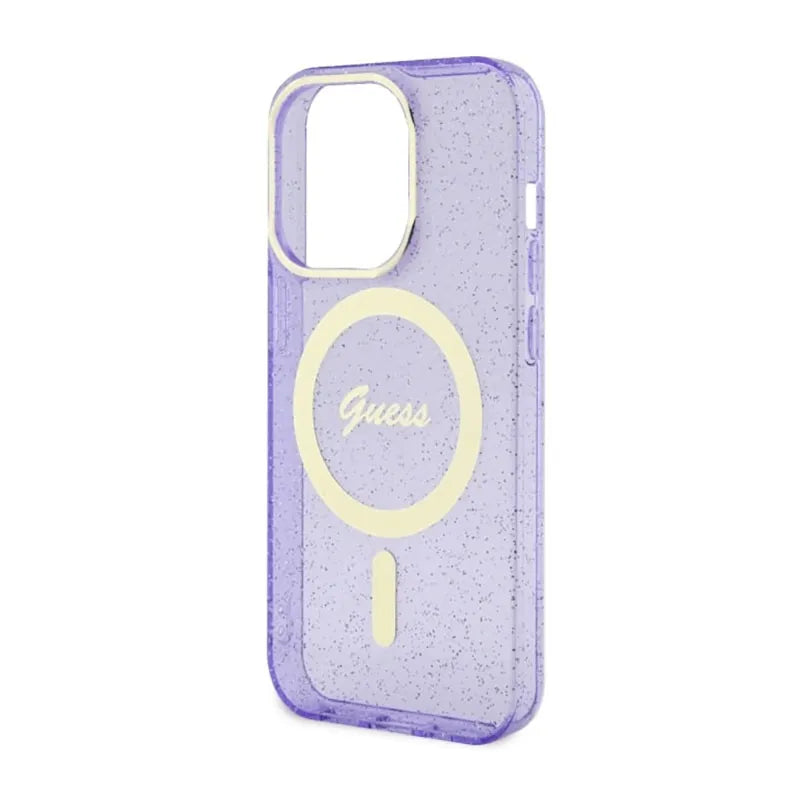 Guess Glitter Gold MagSafe – dėklas iPhone 14 Pro telefonui (violetinis)
