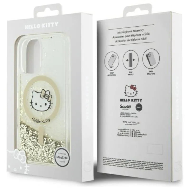Hello Kitty Liquid Glitter Fever MagSafe – Dėklas iPhone 16 (baltas/auksinis)