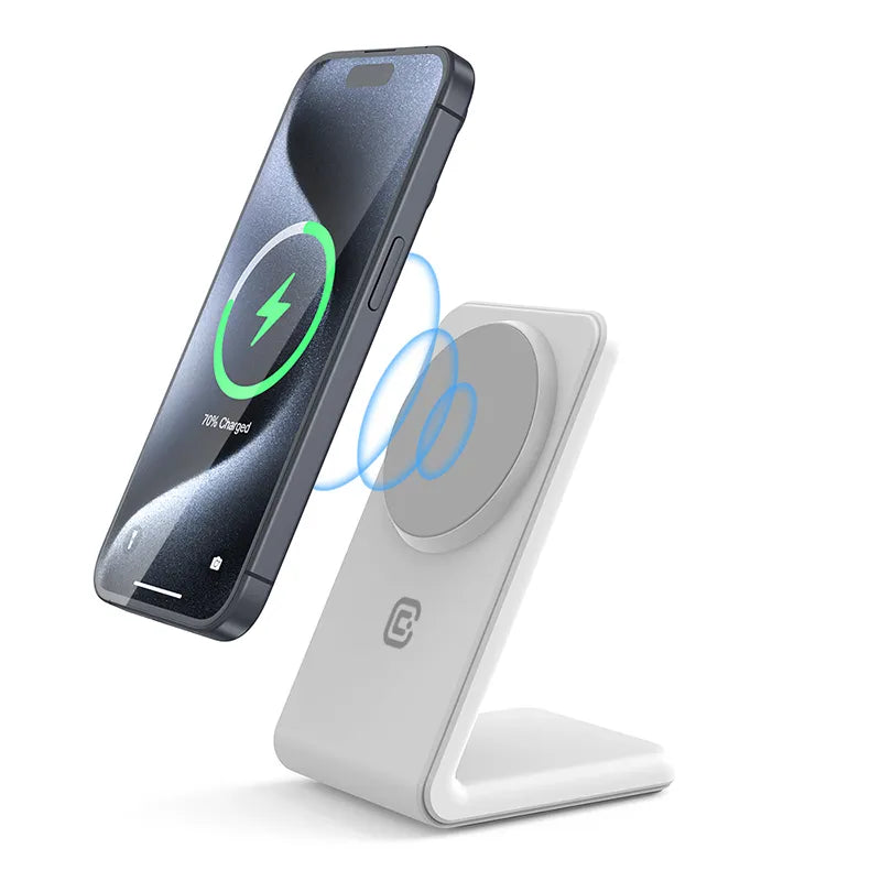 Crong MagSpot Stand – 2-in-1 belaidis įkroviklis su „MagSafe“, skirtas „iPhone“ ir „AirPods“ (baltas)