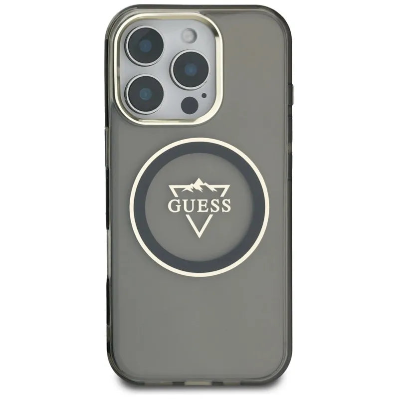Guess IML Metal Mountain Logo MagSafe - Dėklas iPhone 16 Pro (juodas)