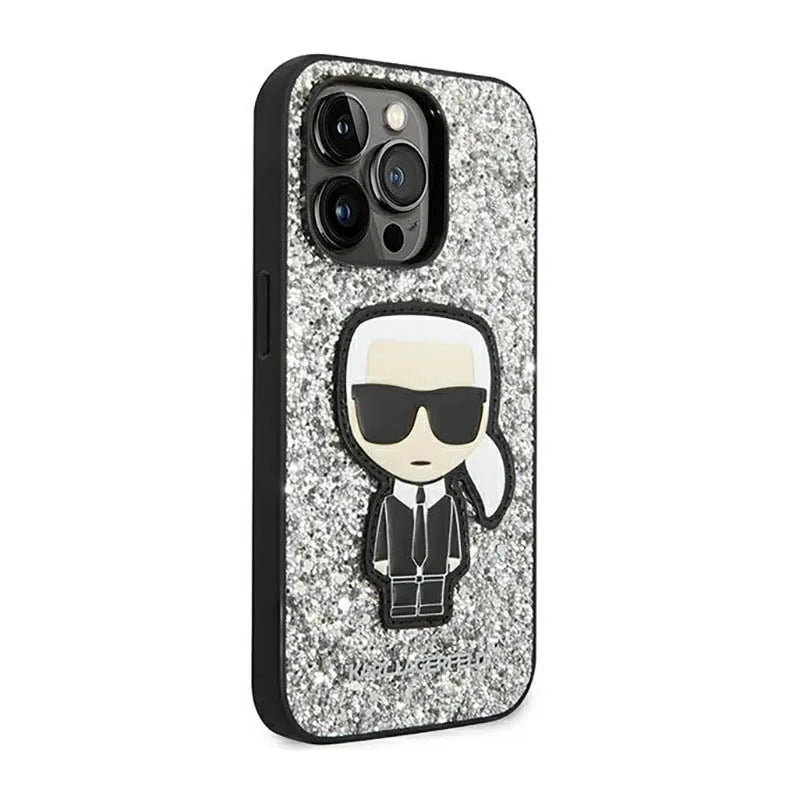 Karl Lagerfeld Glitter Flakes Ikonik – dėklas iPhone 14 Pro Max (sidabrinis)
