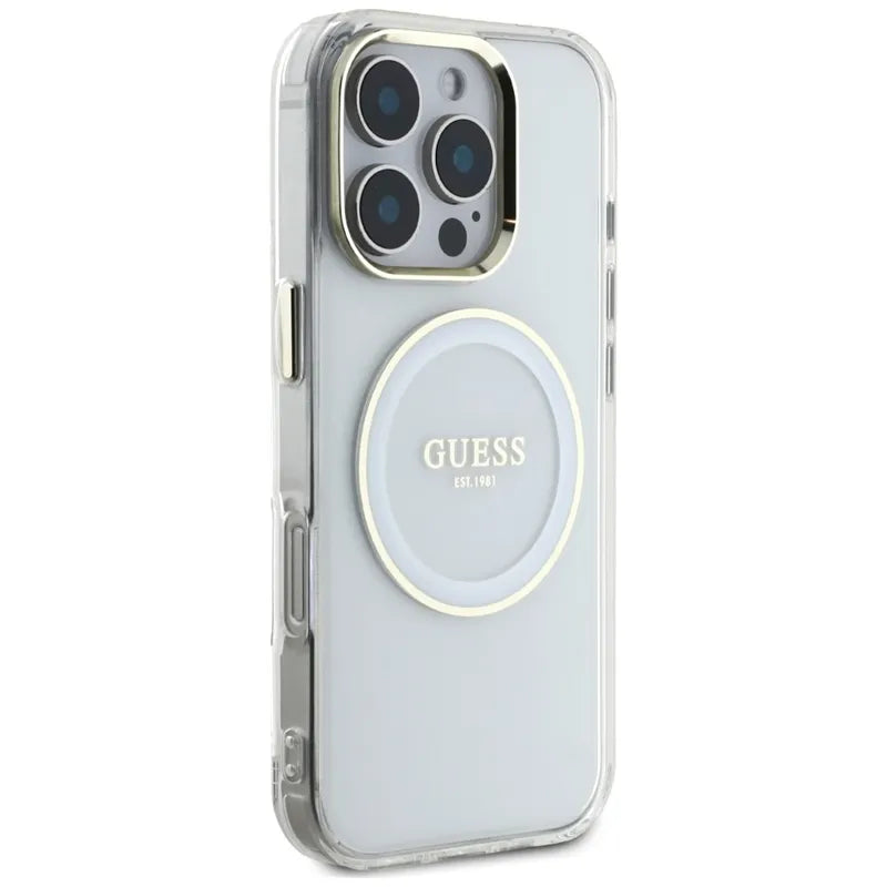Guess IML Metal Colored Circle Classic Logo MagSafe - dėklas iPhone 16 Pro (baltas)