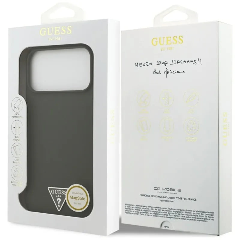 Guess Silicone Triangle Logo MagSafe – dėklas iPhone 17 Pro Max (chaki)