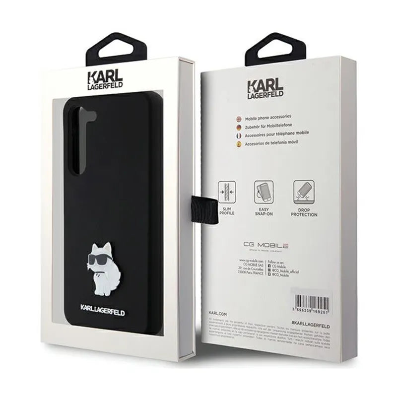 Karl Lagerfeld Silicone Choupette Metal Pin – dėklas Samsung Galaxy S24+ (juodas)