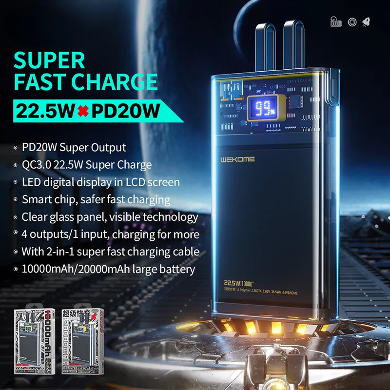 WEKOME WP-323 Vanguard Series - 10000 mAh išorinė baterija su integruotu USB-C ir Lightning laidu, PD 20W + QC 22.5W (juoda / permatoma)