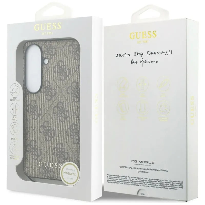 Guess 4G Classic Logo Charm MagSafe – dėklas Samsung Galaxy S26 (rudos spalvos)