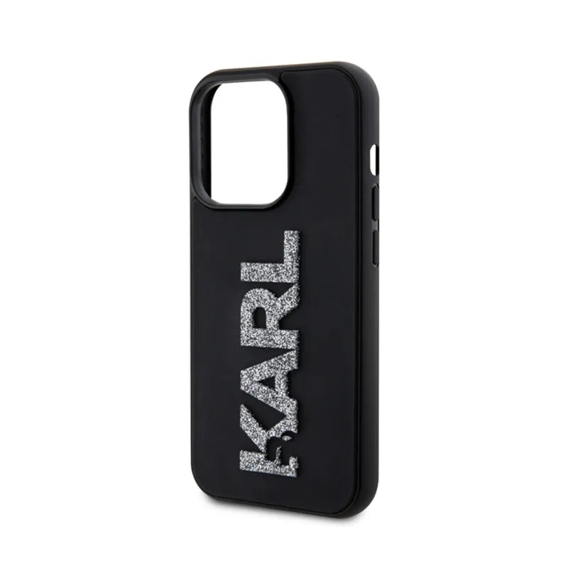 Karl Lagerfeld 3D Rubber Glitter Logo – dėklas iPhone 15 Pro Max (juodas)