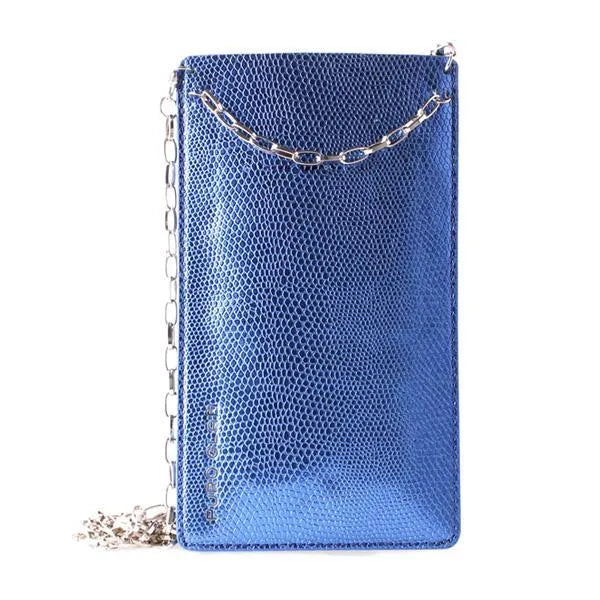 PURO GLAM Chain – universalus išmaniojo telefono dėklas su 2 kortelių skyreliais ir auksine grandinėle XL (mėlynas)