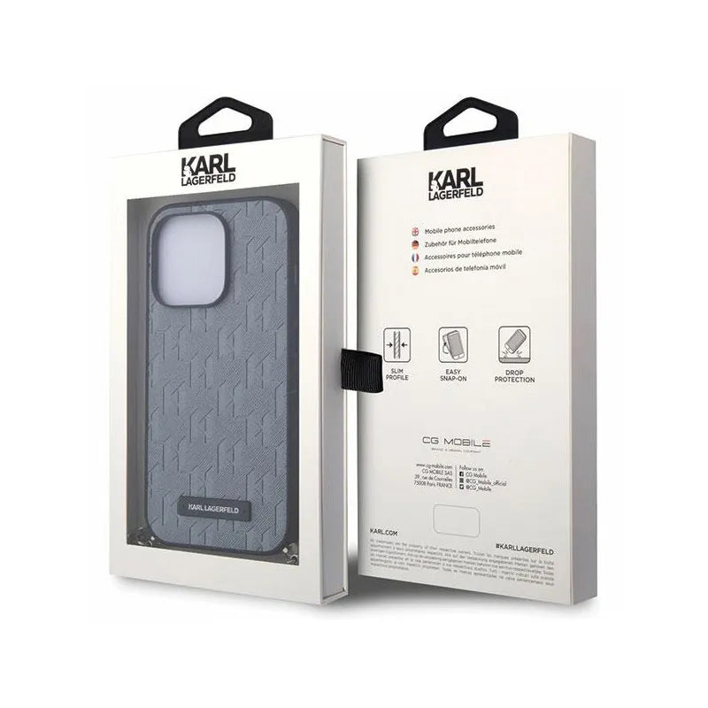 Karl Lagerfeld Saffiano Monogram Chain – dėklas, skirtas iPhone 14 Pro (sidabrinis)