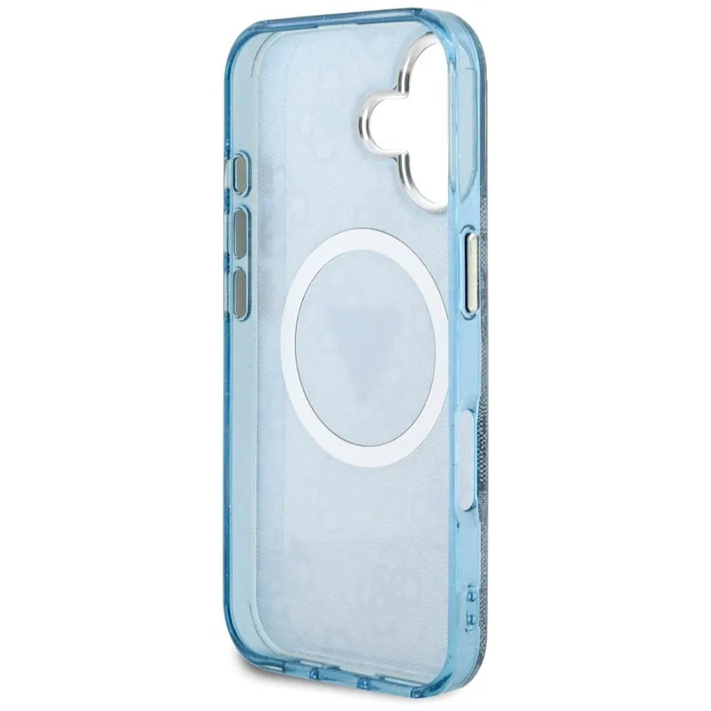 Guess IML Metal Glitter 4G Circle Triangle MagSafe – dėklas iPhone 16 (mėlynas)