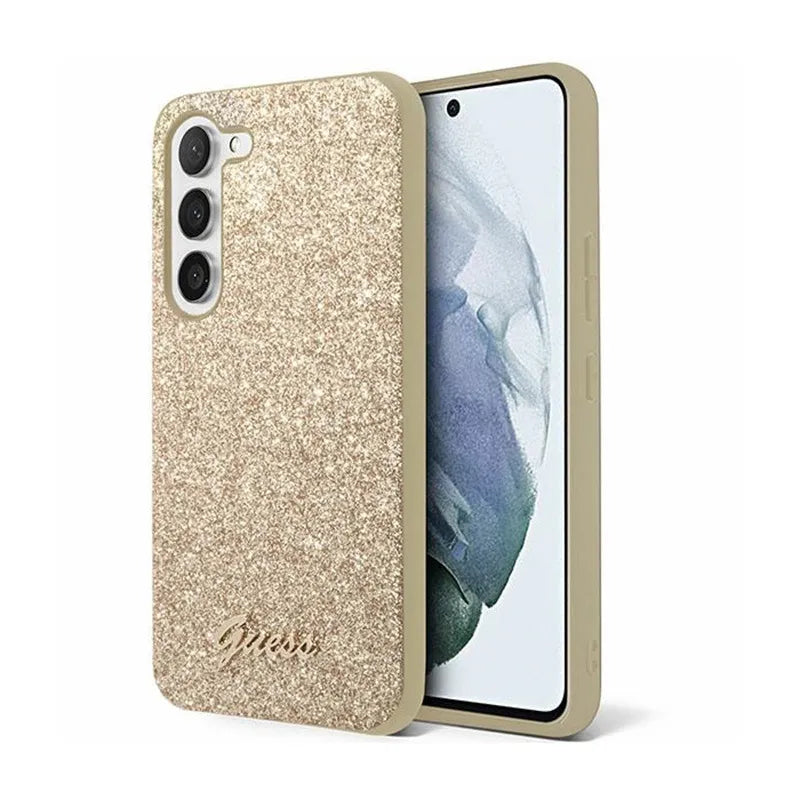 Dėklas Guess Glitter Flakes Metal Logo – dėklas Samsung Galaxy S24+ (auksinis)