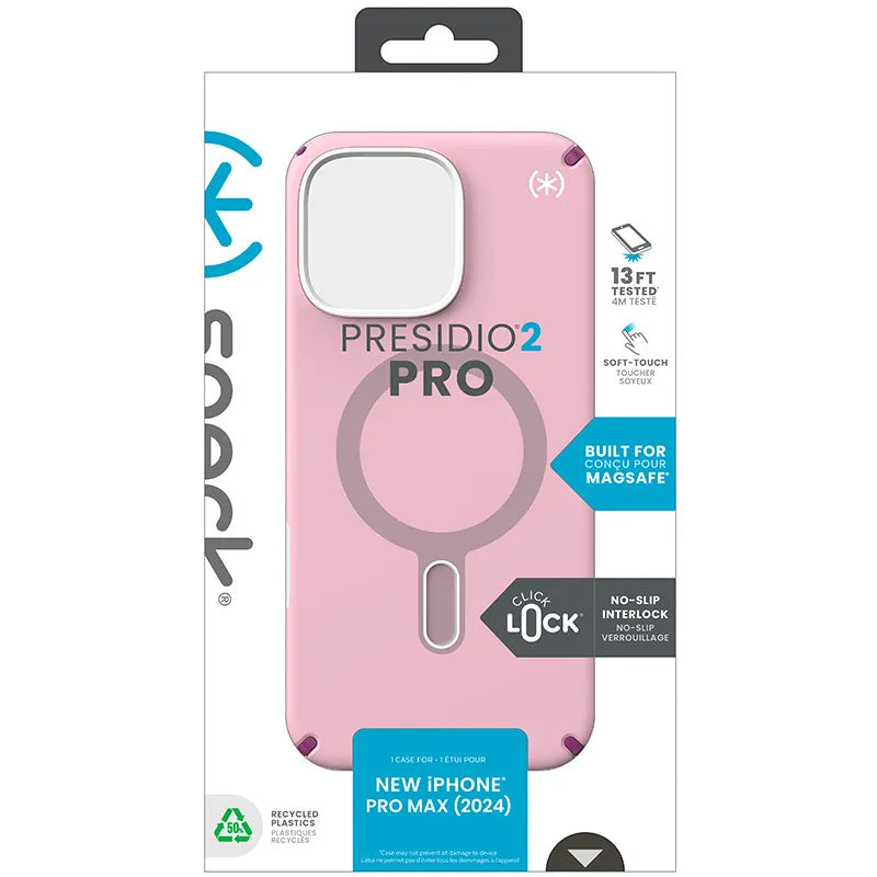Speck Presidio2 Pro ClickLock & MagSafe dėklas - iPhone 16 Pro Max (Wednesday Pink / Boysenberry Purple / White)