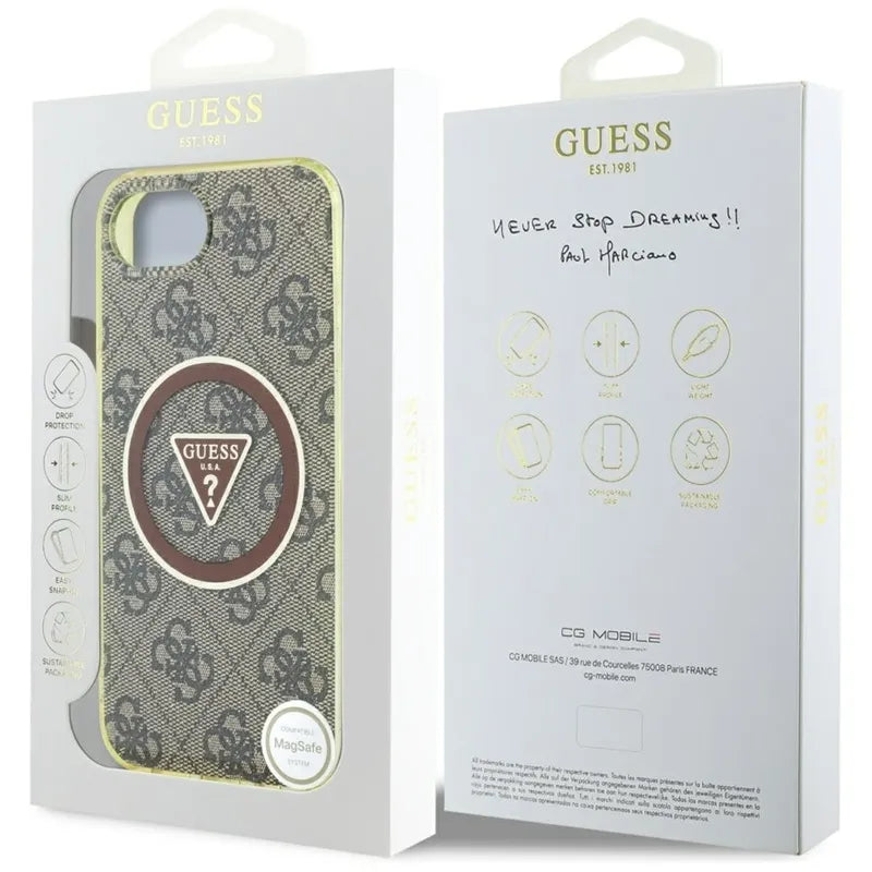 Guess IML Metal Glitter 4G Circle Triangle MagSafe – dėklas iPhone 16e (rudos spalvos)