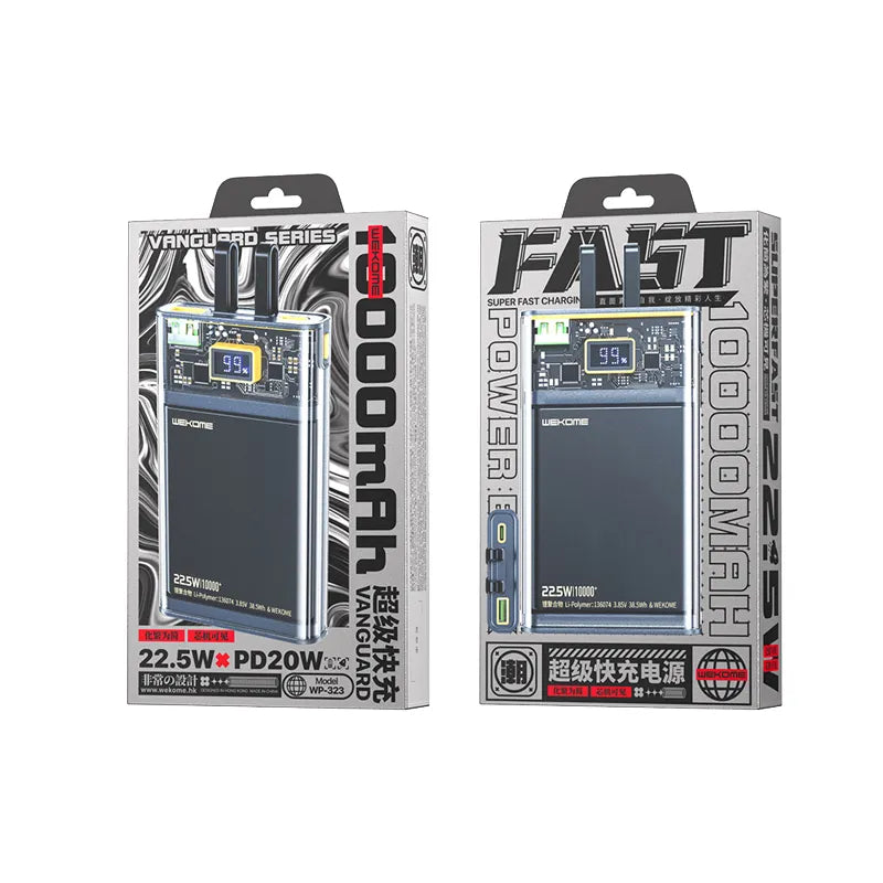 WEKOME WP-323 Vanguard Series - 10000 mAh išorinė baterija su integruotu USB-C ir Lightning laidu, PD 20W + QC 22.5W (juoda / permatoma)