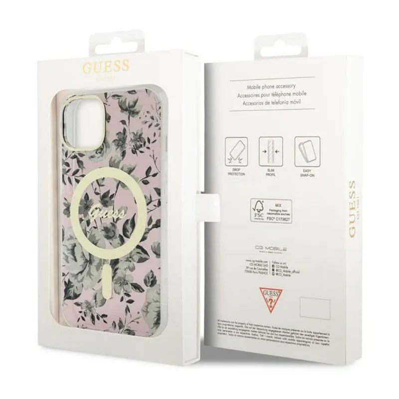 Guess Flower MagSafe – dėklas iPhone 14 (rožinis)