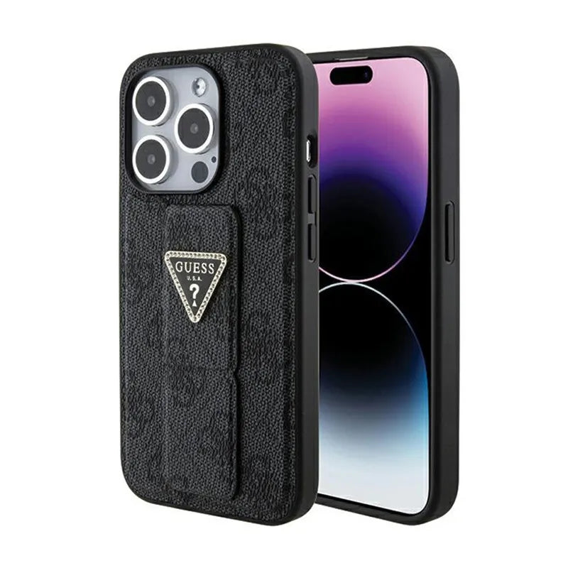 Guess Grip Stand 4G Triangle Strass Logo – dėklas iPhone 15 Pro telefonui (juodas)
