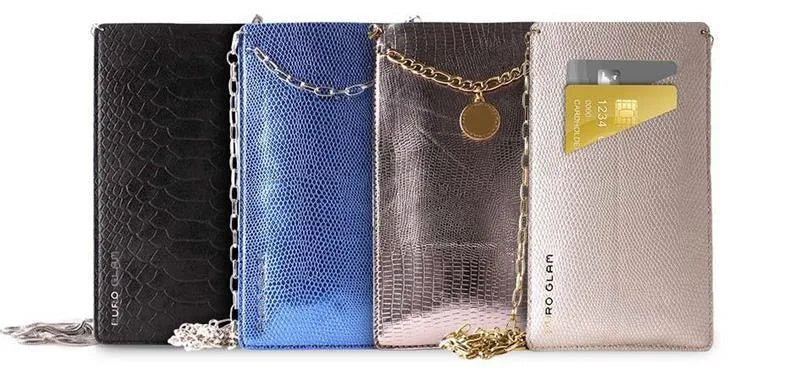 PURO GLAM Chain – universalus išmaniojo telefono dėklas su 2 kortelių skyreliais ir auksine grandinėle XL (mėlynas)